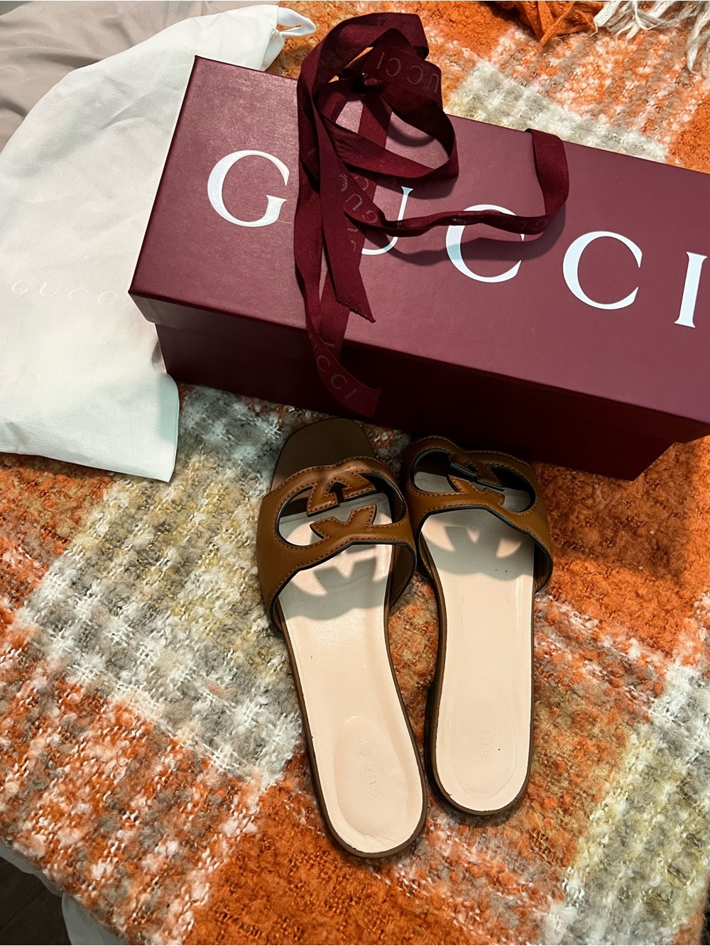 Gucci Brown and Cream Leather Slide Sandals